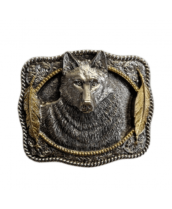 Belt Buckle - Wolf Head Feathers Gold Silver Plated