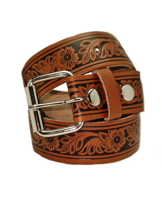 Leather Belt - Flowers Brown