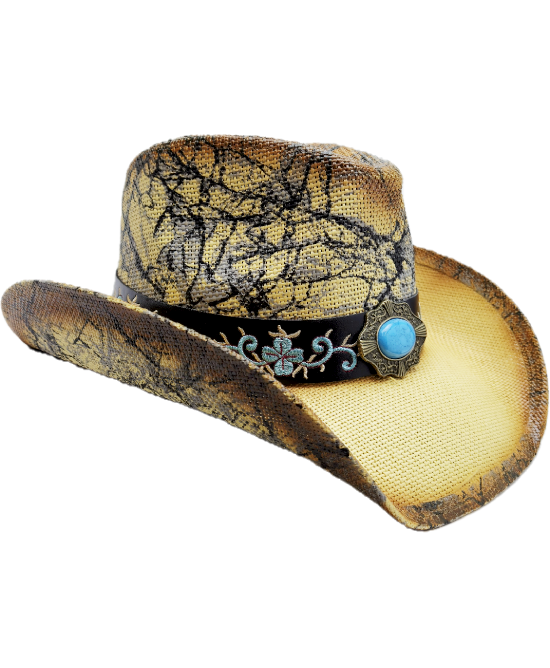Straw Western Hat Marble w/ Turquoise Stone