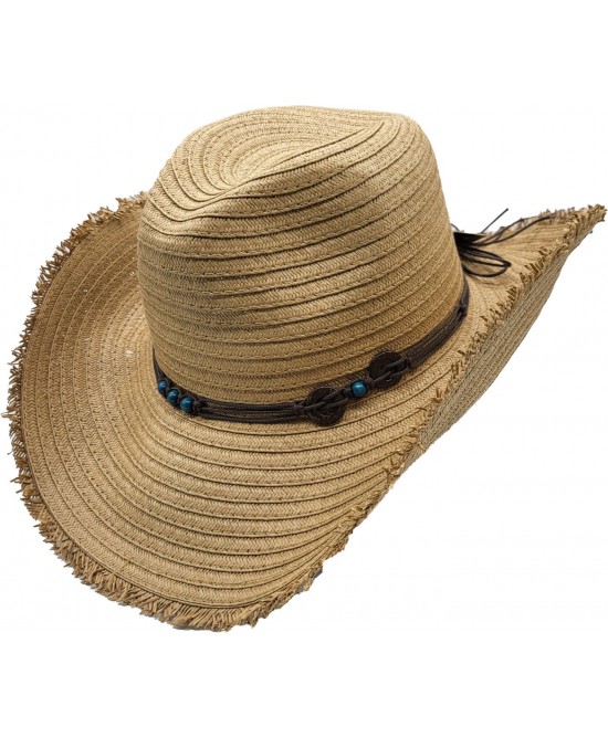 Straw Western Hat with Turquoise Beads - Beige